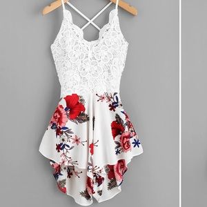 Crochet Lace Panel Bow Back Floral Romper